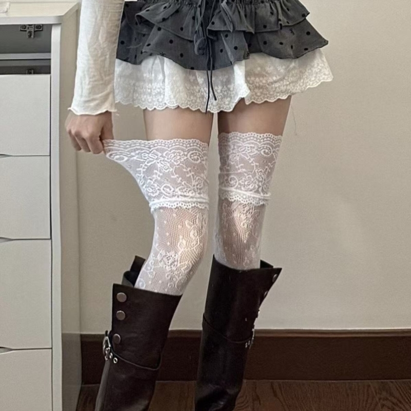 花边蕾丝过膝袜配长靴丝袜骑士靴长筒靴内搭袜子袜套打底袜长筒袜