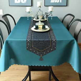 现代简约桌布长方形桌旗款 餐桌布艺酒店家用蓝绿色台布轻奢风桌垫