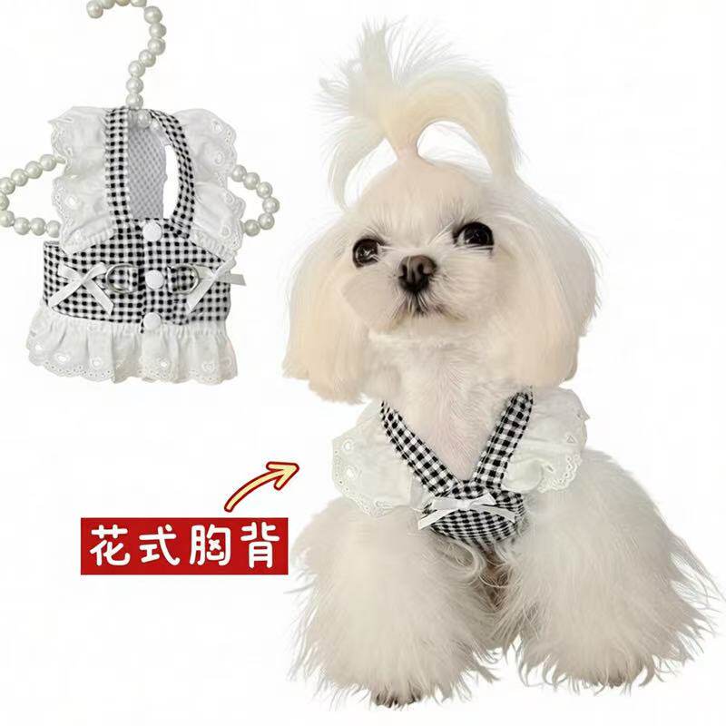 宠物夏季牵引胸背衣服狗狗黑红格泰迪博美比熊猫咪通用连身裙薄款