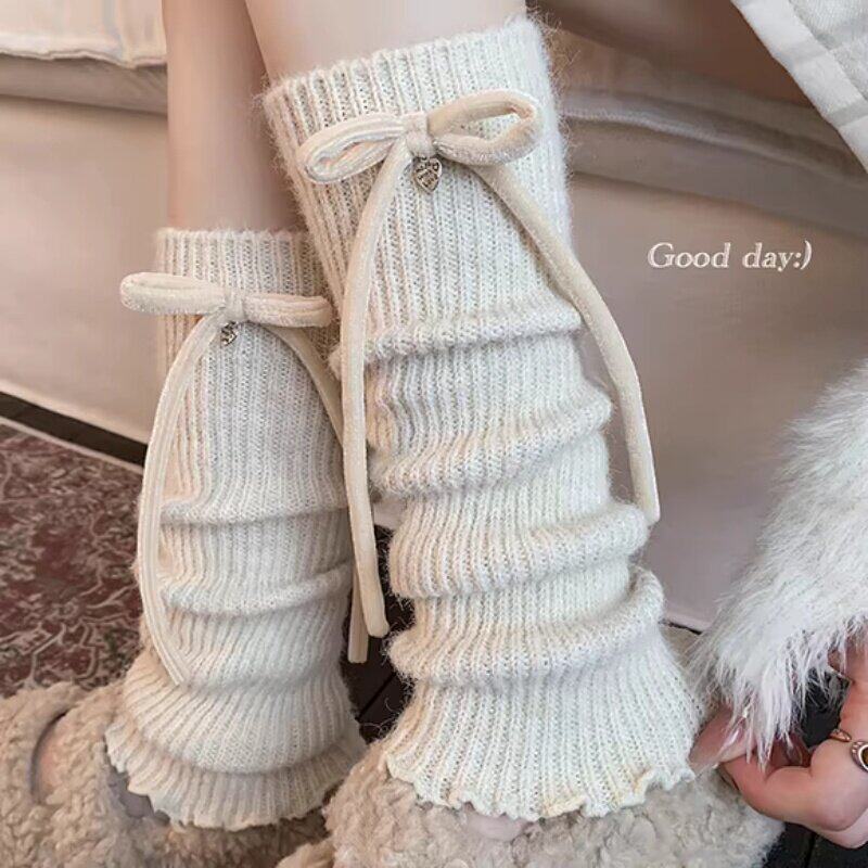 白色针织袜套芭蕾风蝴蝶结堆堆小腿袜子秋冬系保暖少女中筒袜