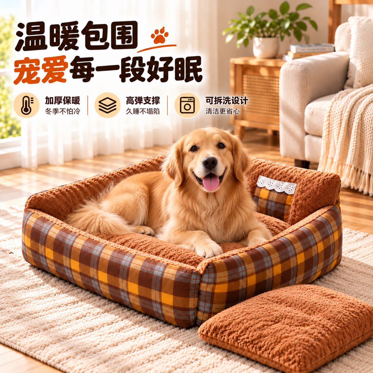 秋冬加厚保暖格纹狗窝金毛大型犬柔软舒适可拆洗宠物沙发床休息垫
