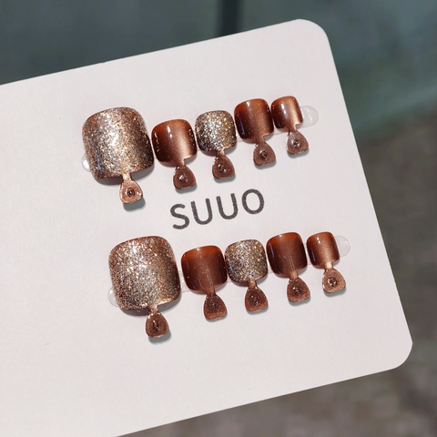 【分码】14片脚甲脚指甲穿戴甲咖色猫眼闪粉脚趾甲美甲片假指甲