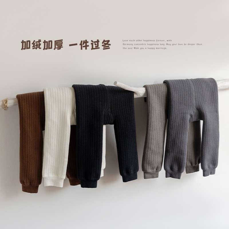 女宝宝打底加绒裤袜女童秋冬加厚儿童外穿复古纯色加绒打底袜冬季