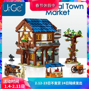 中国积木优格街景建筑中世纪小镇市场高难度拼装玩具礼物50101