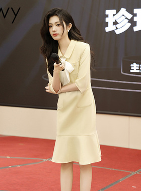 EWY夏季薄款七分袖连衣裙女气质播音主持上镜收腰职业裙工作服
