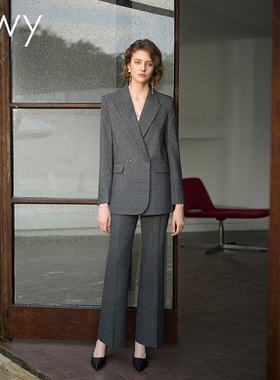 ewy2025秋冬新款高级深灰色西装外套女期限休闲款式职业两件套OL