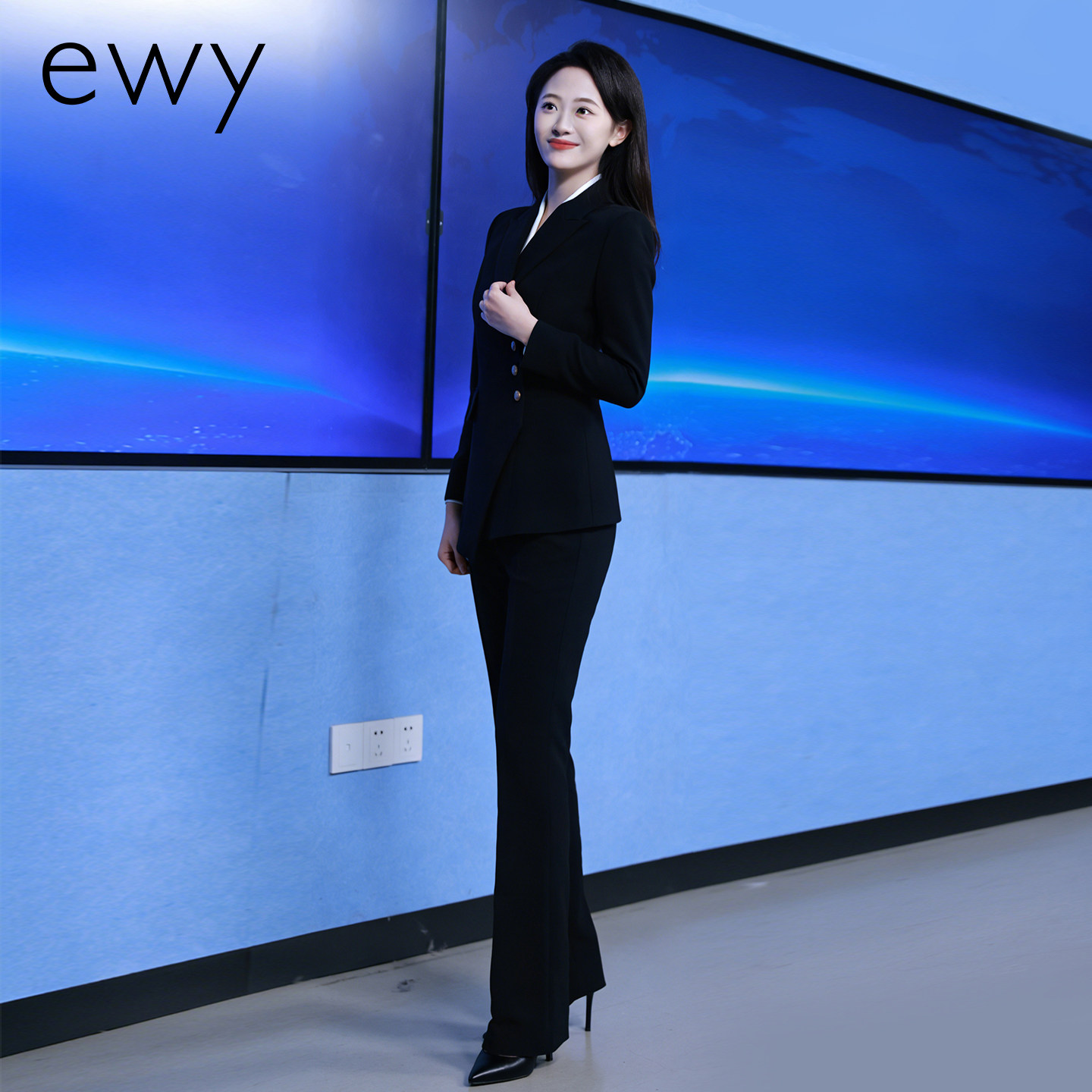 ewy主持人公务员商务西装职业套装女秋黑色高管教师讲解工作服