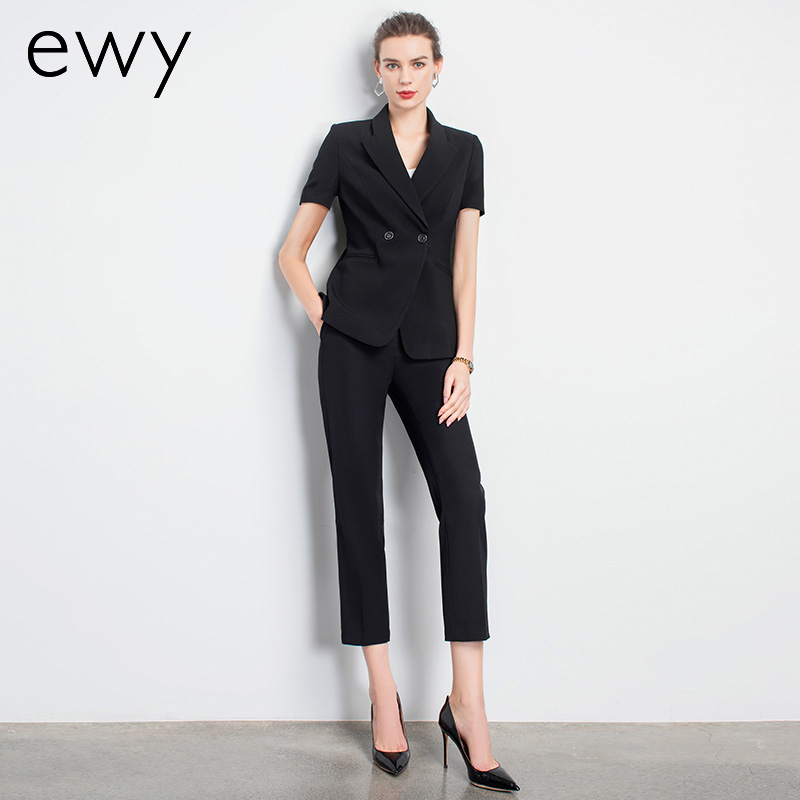 夏新款黑色短袖西装套裤正装气质女神范职业正装女士西服制服套装