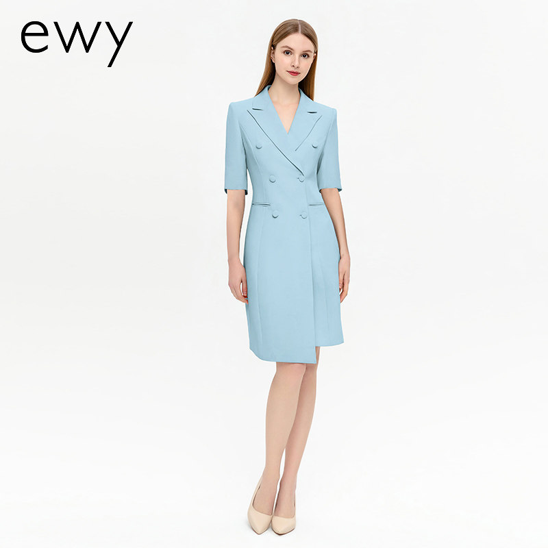 ewy2026夏季薄款蓝色职业西装连衣裙女双排扣休闲通勤工作裙子OL
