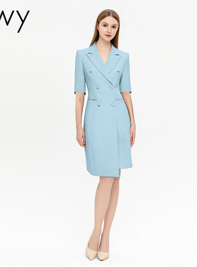 ewy2025夏季薄款蓝色职业西装连衣裙女双排扣休闲通勤工作裙子OL
