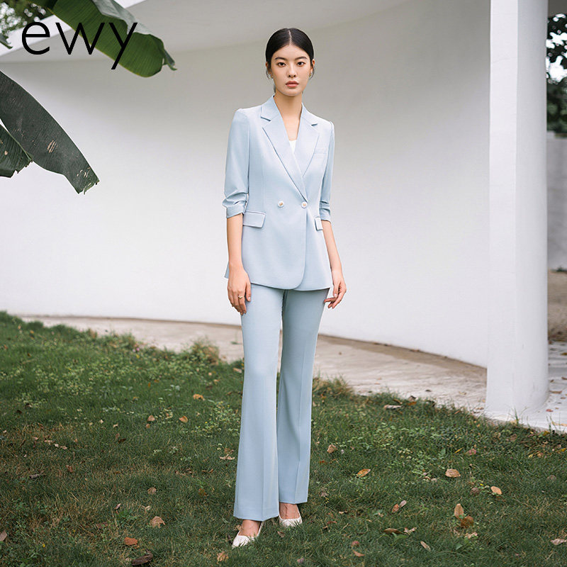 ewy春夏新款时尚蓝色七分袖修身职业西服阔腿裤套装女名媛西装OL