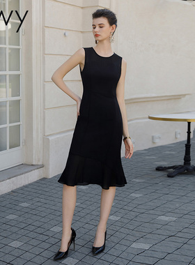 ewy春夏新款黑色无袖连衣裙女气质显瘦内搭长裙名媛法式鱼尾裙OL