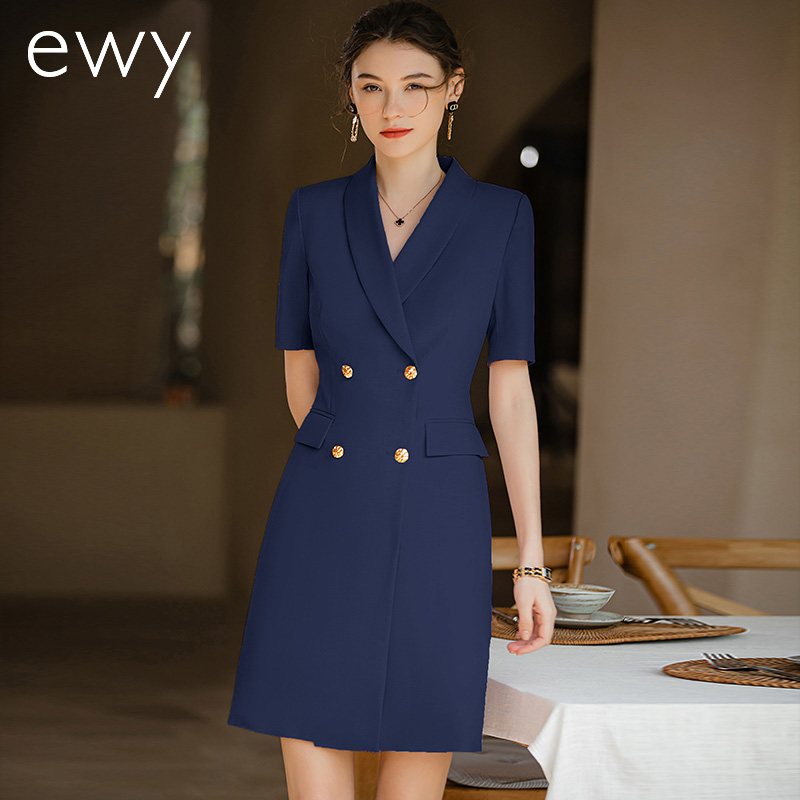 夏季新款藏蓝色短袖连衣裙女气质售楼部工装修身显瘦白领工作服ol