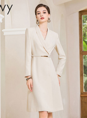 春季新款米白色长袖职业西装裙修身气质播音艺考面试连衣裙工作服