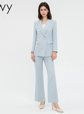 时尚蓝色职业西装套装名媛上班美容师工作服双排扣通勤面试正装ol