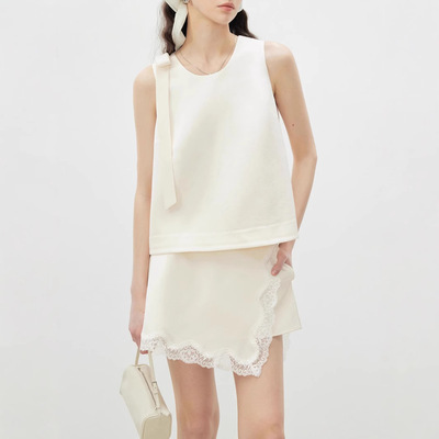 设计感女装上衣优雅气质蝴蝶结无袖背心高腰蕾丝拼接裙裤套装女