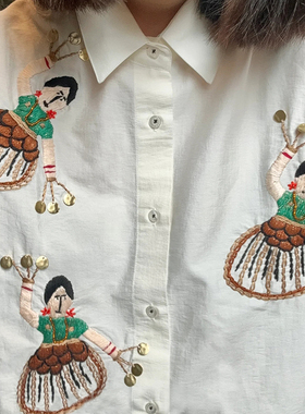 Cor法式小众2024早秋手工立体刺绣跳舞女孩百搭POLO领女衬衣衬衫