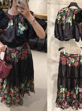 法式小众 2026春夏时尚丝滑收腰立体花朵灯笼袖上衣长裙套装女