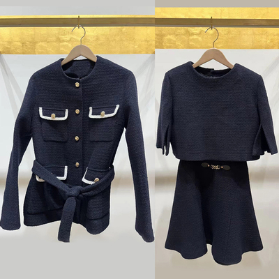 法式小众 2025秋冬小香风粗呢撞色口袋圆领长外套连衣裙套装女