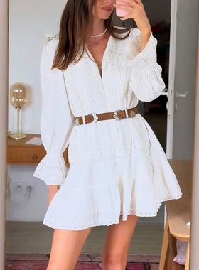 法式小众2025秋冬新INS时尚宽松圆领刺绣镂空花苞袖白色连衣裙女