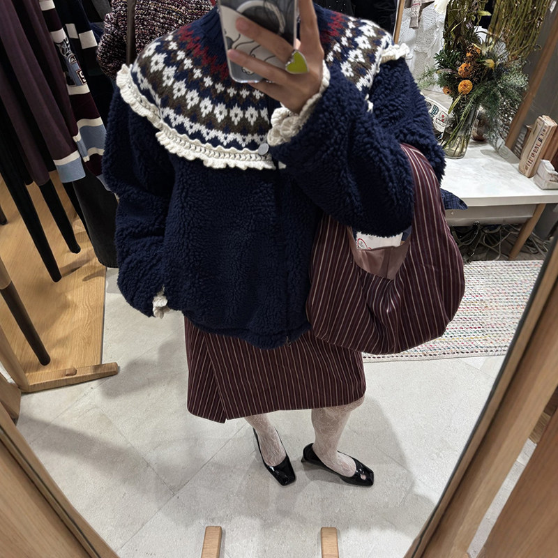 宋妍霏~款2026早春费尔岛提花双拉链拼接摇粒绒抽绳收腰外套女