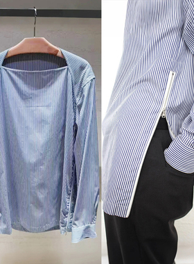 法式小众 2026早春英伦风细条纹一字领单侧开叉长袖宽松衬衫女