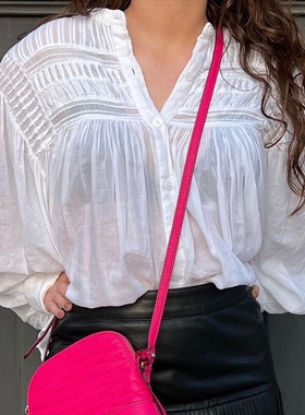 Isa 法式优雅2023春夏衬衣可爱花边抽褶长袖系扣白色棉衬衫上衣女