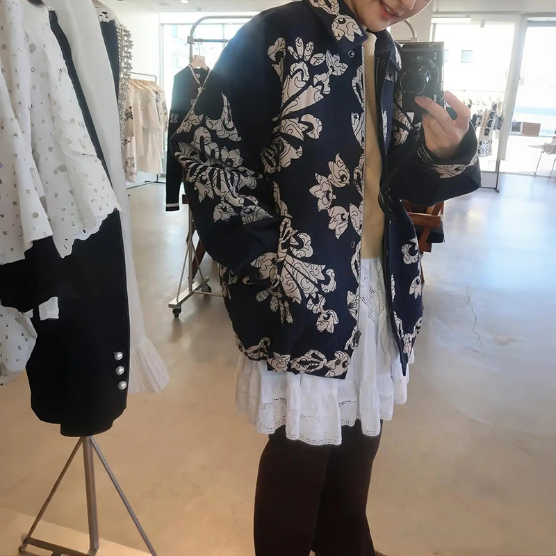 法式小众 2025秋冬新绗缝夹棉撞色贴花刺绣POLO领中长宽松棉衣女