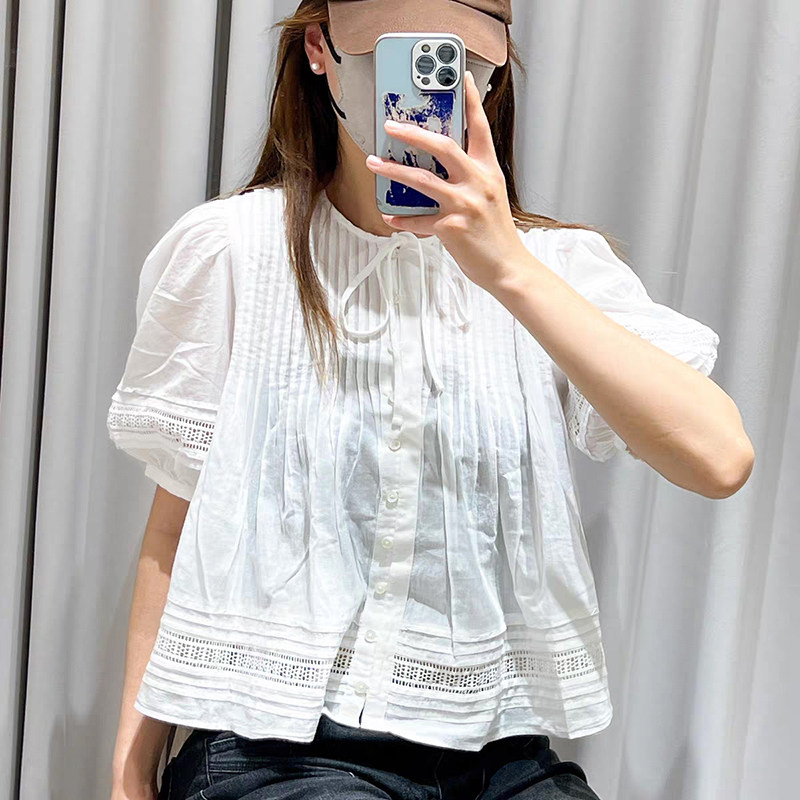 法式小众 2026夏季甜妹圆领系带泡泡袖车褶下摆拼蕾丝娃娃衫女