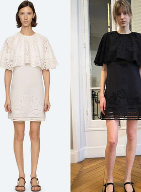 Se法式小众 2025早秋新都市镂空刺绣斗篷荷叶边披肩式圆领连衣裙