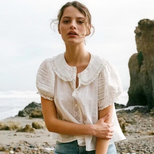 法式小众衬衫2023夏可爱娃娃领木耳边泡泡短袖蕾丝边轻薄上衣
