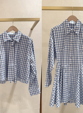 法单小众 2026春夏小清新学院风蓝白格系列POLO领衬衫连衣裙女