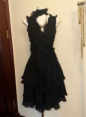 【墨庭旧影】古着vintage黑色小礼服连衣裙 V领+多层荷叶边层叠摆