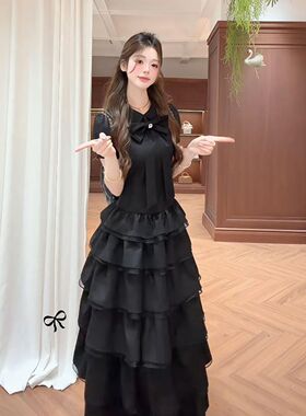 夜幕天鹅 韩系设计感黑色连衣裙小众赫本风简约气质大裙摆长裙女