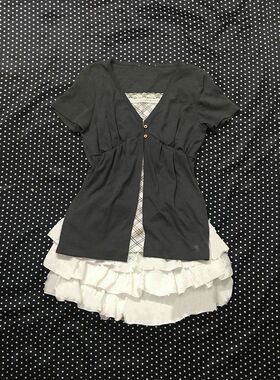 【灰绒甜屿】日系vintage古早套装 肌理开衫+内搭+荷叶边短裙