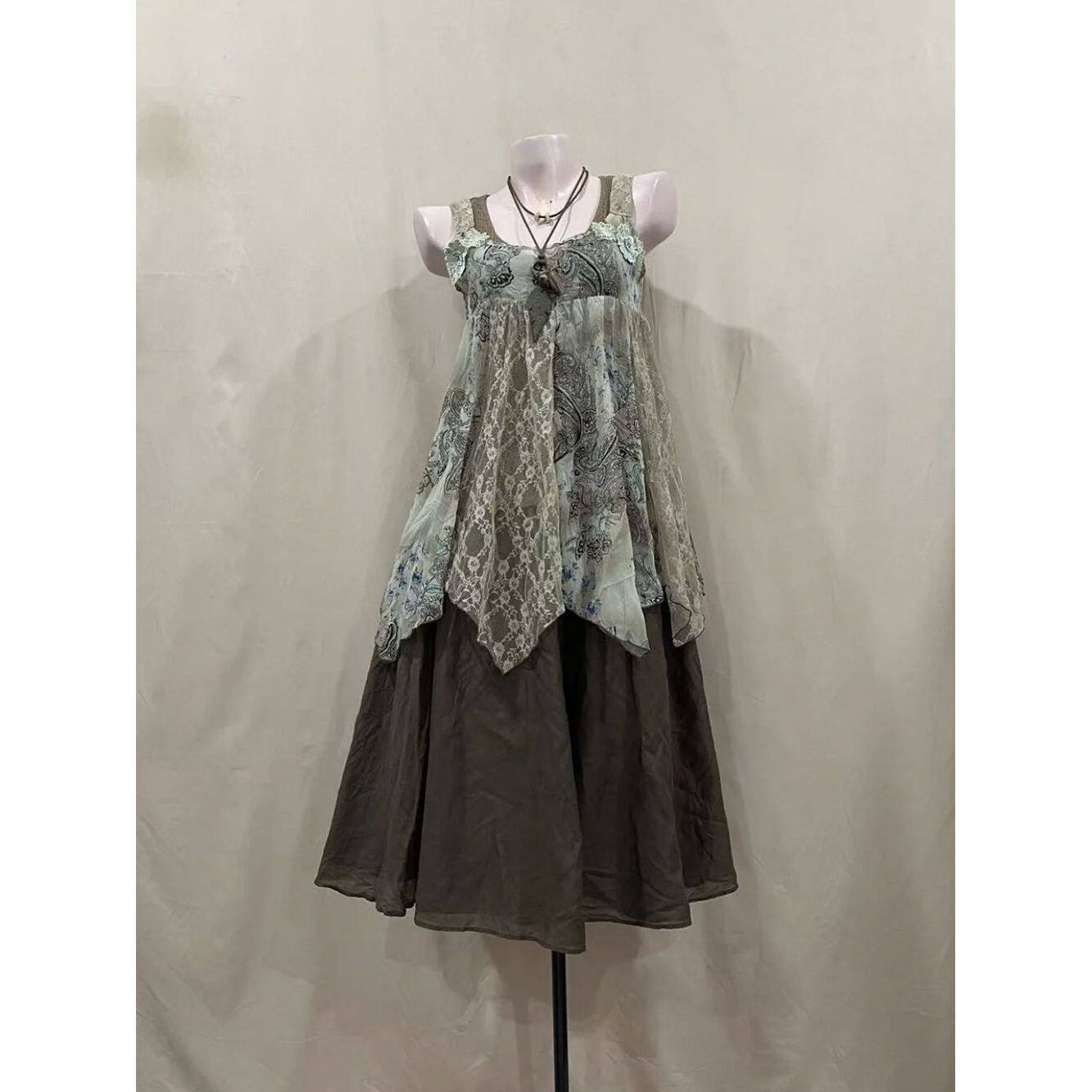 vintage古早森系背心上衣+半裙套装女夏小众中古气质高级感两件套
