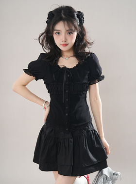 黑色衬衫套装裙女夏季vintage古着穿搭小个子收腰显瘦上衣+蛋糕裙