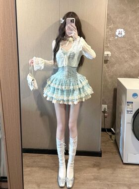 古早奈奈水色vintage系带开衫+挂脖格纹收腰连衣裙甜美两件套夏季