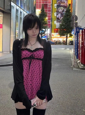 日系古早风复古套装裙女早秋季新款黑色开衫+辣妹波点上衣两件套
