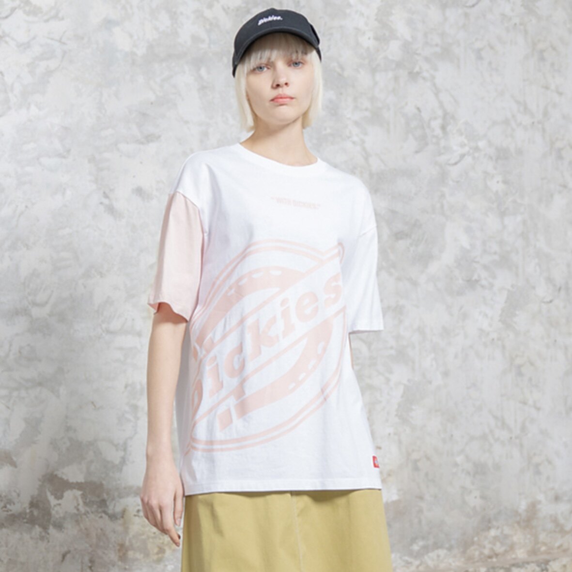 Dickies SS21 斜标Logo印花短袖T恤 男女同款 白粉色DK008908