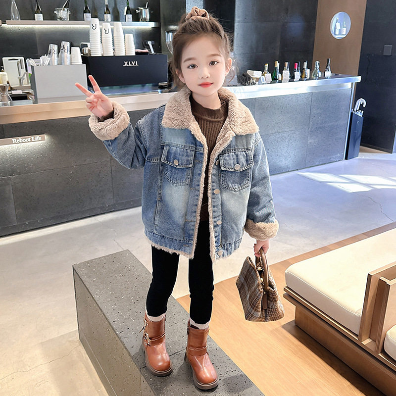 女童加绒牛仔外套秋冬款2025儿童牛仔外套