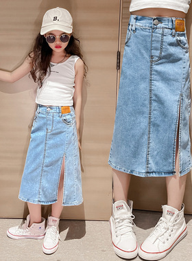 女童开叉半身牛仔裙夏天直筒裙中大童女孩高腰中长款A字包臀裙子