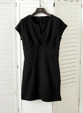 成熟韵味通勤女士短袖黑色连衣裙子夏季黑v领弹力加大码原装进口
