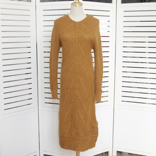 玛家 意大利女装加厚羊毛衫针织连衣裙长袖秋冬季超长袖保暖姜黄