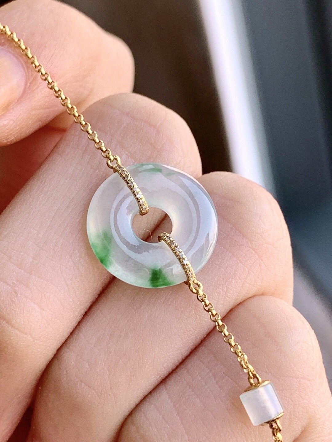 飘绿翡翠平安扣手链 18K翡翠甜甜圈手链 冰种飘花平安环手饰