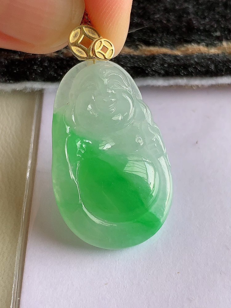 冰种飘阳绿翡翠布袋佛吊坠 18K金镶飘绿佛公缅甸玉A货弥勒佛挂坠