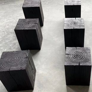 碳化木墩黑木墩凳树桩碳化木块原木创意四方木墩圆柱落地摆件底坐