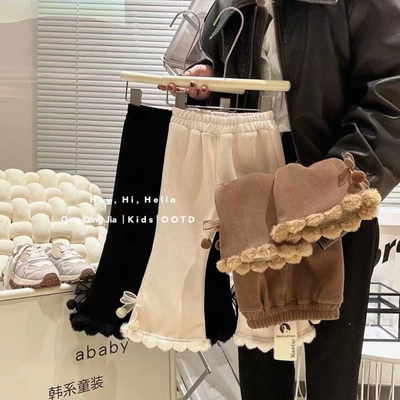 女童冬一体绒喇叭裤韩版花边加绒