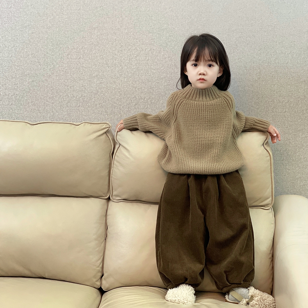 女童灯芯绒灯笼裤加绒秋冬男童宝宝毛衣套装长裤洋气儿童收脚裤子