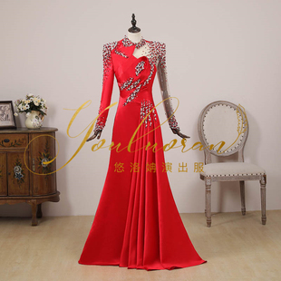 显瘦演出服音乐会长礼服裙女 主持舞台修身 新款 民歌独唱礼服水袖